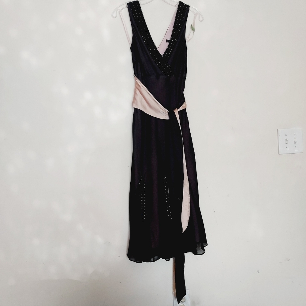 Coast Vintage Beaded Chiffon Black Over pink Midi Dress Sz-10